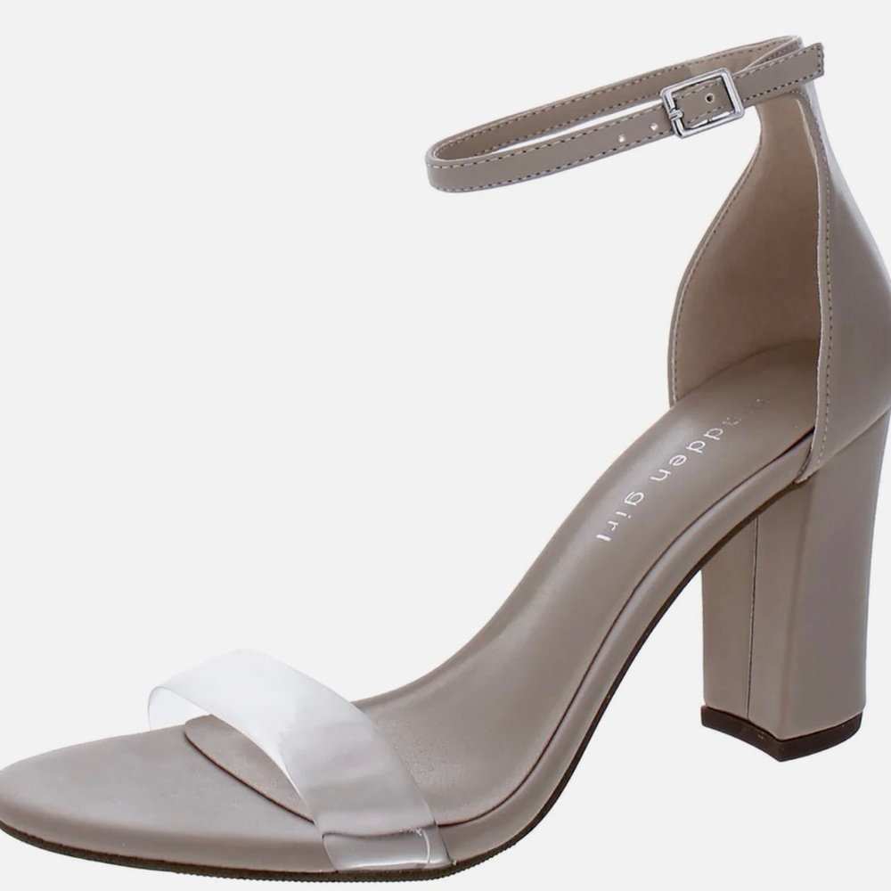 Woman’s Faux Leather Madden Girl tan and clear heel sandal size 10